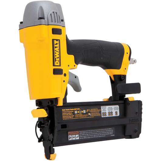 A close-up view of a DEWALT pneumatic nail gun, model DPSSX38, featuring a yellow and black body with gray accents. The tool is designed for photography and construction-related fastening tasks.