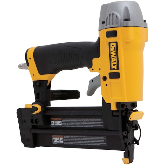 A DEWALT pneumatic stapler, shown in profile, featuring a yellow and black design with a comfortable grip and safety trigger. The tool is used for fastening staples in woodworking and construction projects.