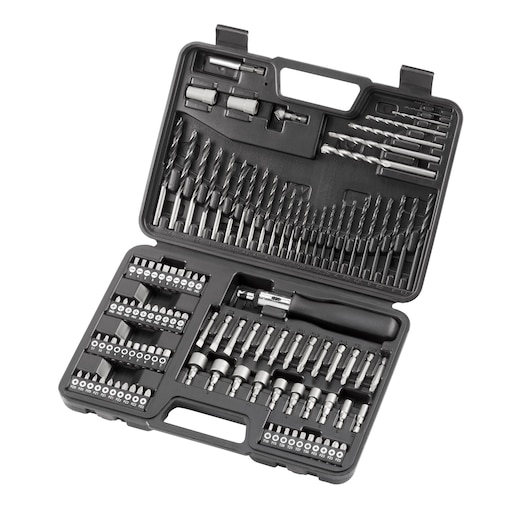 A DEWALT drill and screwdriver bit set, shown open in a black plastic case. The case contains various drill bits, screwdriver bits, sockets, and accessories arranged neatly in compartments.
