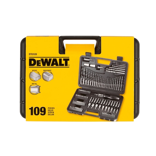 DEWALT DT0109 drill and bit set, 109 pieces for wood, masonry, and metal. Set shown in a yellow carrying case.