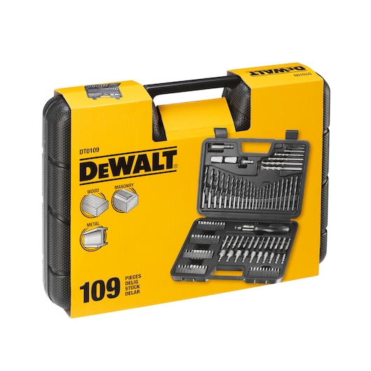 DEWALT DT0109 109-piece drill and bit set in a yellow plastic carrying case for wood, masonry, and metal.