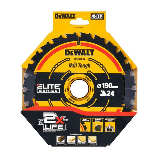 DEWALT DT10304 Elite Series saw blade for wood, 190mm diameter, 24 teeth, in yellow and black packaging.