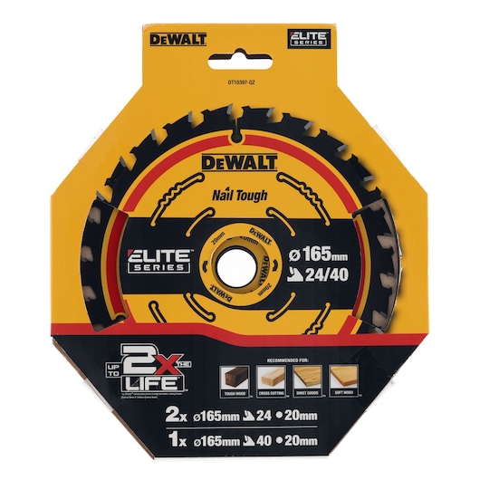 DEWALT saw blades Elite Series DT10397, DT10397-QZ, Ø165mm, for wood cutting. Photography category.