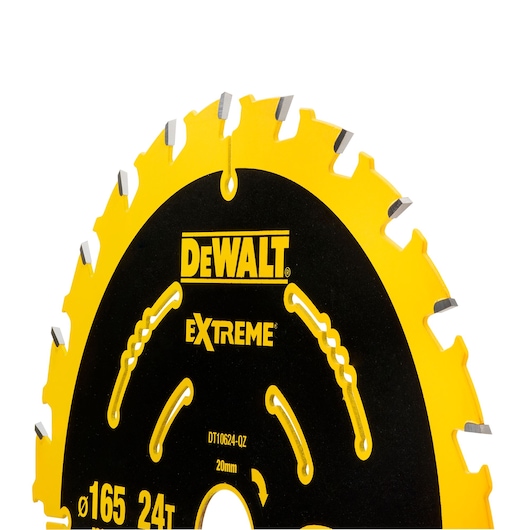 DEWALT DT10624 Extreme circular saw blade with yellow edge and sharp teeth, diameter 165mm, 24 teeth.