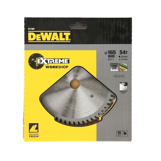 DEWALT DT1087 Extreme Workshop circular saw blade in yellow and black packaging, 165mm diameter, 54 teeth.