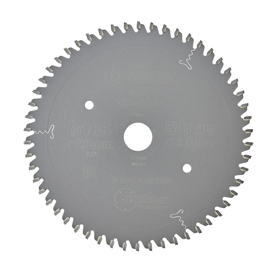 DEWALT DT1088 circular saw blade with 54 teeth for cutting wood and aluminum, diameter 165mm and 20mm arbor hole.