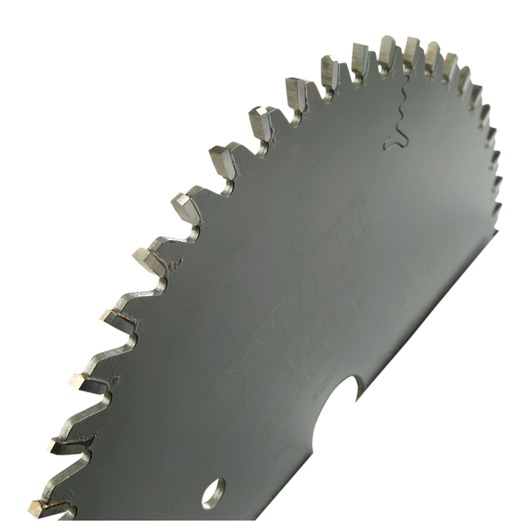 Close-up view of a DEWALT DT1088 circular saw blade with sharp metal teeth, designed for cutting applications.