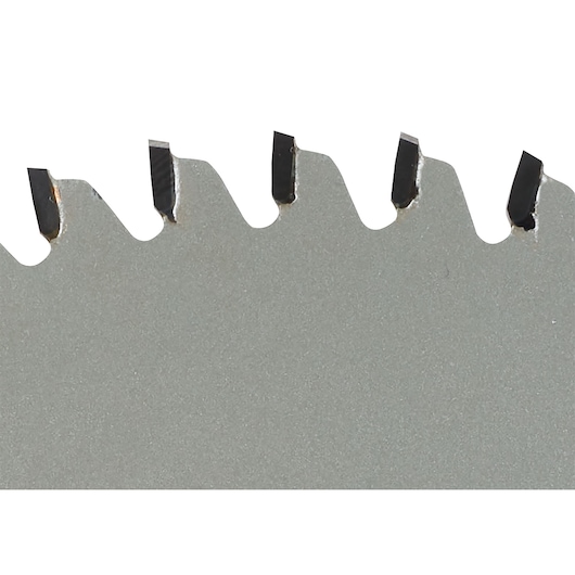 Close-up view of the teeth on a DEWALT saw blade, showing the sharp edges and metallic surface.