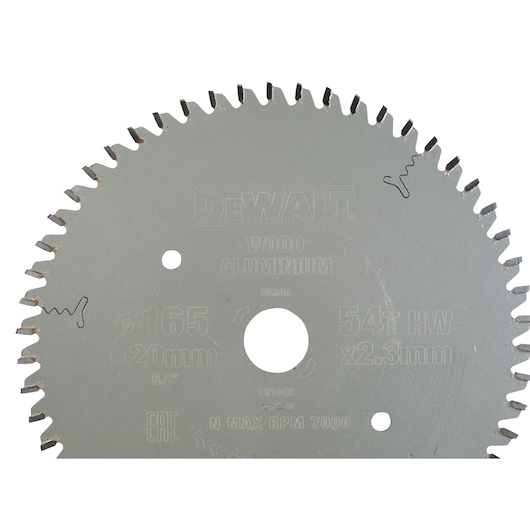 Close-up image of a DEWALT circular saw blade, DT1088 model, designed for cutting wood and aluminium. The blade is silver, features 54 teeth, a diameter of 165mm, a bore size of 20mm, and maximum RPM of 7000.