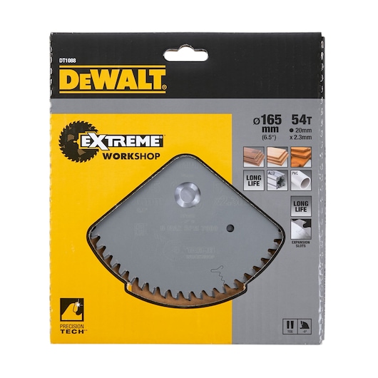 DEWALT DT1088 Extreme Workshop circular saw blade in retail packaging. Blade size is 165 mm with 54 teeth, designed for cutting wood, aluminum, and PVC. Packaging features DEWALT branding, product details, and illustrations of suitable materials.