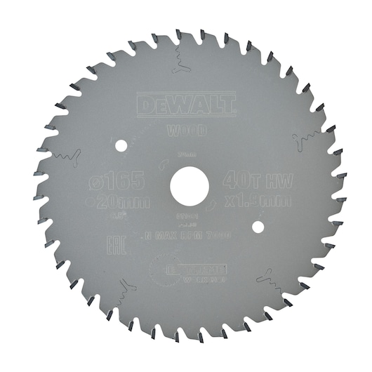 A DEWALT circular saw blade for wood, featuring 40 teeth, a 165mm diameter, and a 20mm arbor hole. The blade is silver with engraved technical details.