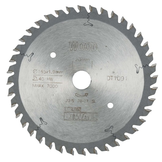 A circular saw blade for wood cutting, branded DEWALT, model DT1091. The blade is silver with sharp teeth around the edge and etched technical details, including diameter, thickness, and maximum speed.