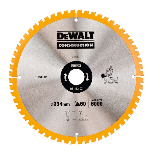 A DEWALT DT1182 circular saw blade for construction, featuring 60 teeth, a diameter of 254mm, a maximum speed of 6000 RPM, and a yellow edge.