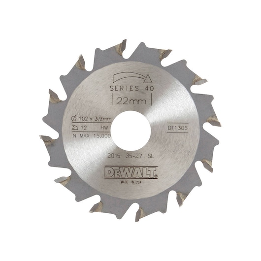 A DEWALT DT1306 circular saw blade made of metal, labeled Series 40 with a 22mm center hole and multiple sharp teeth around the edge. The blade displays product specifications, including diameter and maximum speed, and is photographed against a white background.