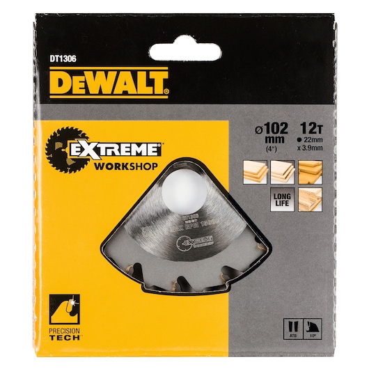 DEWALT DT1306 Extreme Workshop saw blade in retail packaging, shown with branding, specifications (102 mm diameter, 12 teeth, 22 mm hole, 3.9 mm thickness), woodworking icons, and Precision Tech label.