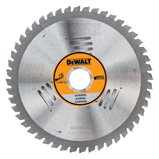 DEWALT DT1914 circular saw blade for aluminum, 216mm diameter, 48 teeth, metal cutting.