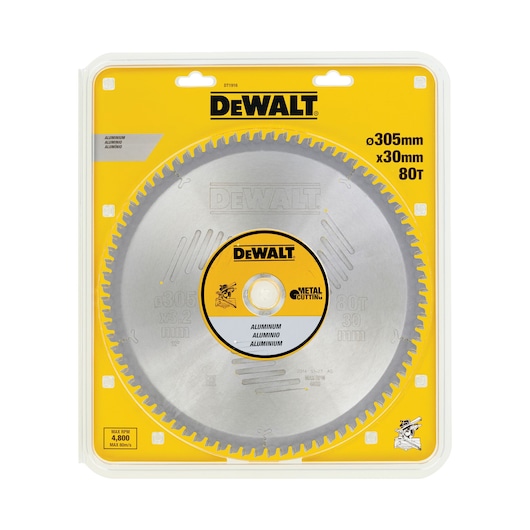 DEWALT DT1916 metal cutting circular saw blade for aluminum, 305mm diameter, 30mm arbor, 80 teeth, in yellow and clear retail packaging.