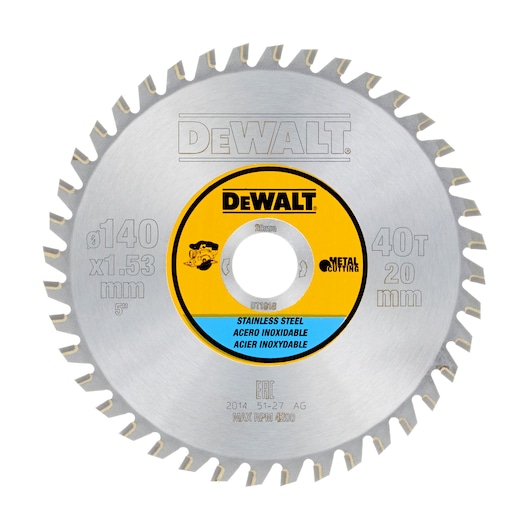 DEWALT DT1918 circular saw blade for stainless steel, 140mm diameter, 40T, metal cutting.