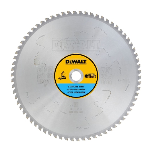 DEWALT stainless steel metal cutting circular saw blade, model DT1921, featuring 70 teeth and a diameter of 355 mm, designed for cutting stainless steel.