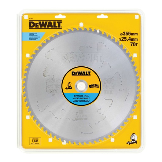 DEWALT stainless steel saw blade in its packaging, designed for metal cutting. The blade is 355mm diameter, 25.4mm bore with 70 teeth, suitable for cutting stainless steel. The packaging is yellow and features technical specifications and branding.