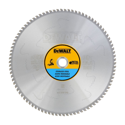A DEWALT metal cutting circular saw blade for stainless steel, featuring a silver blade with serrated edges and a central label displaying specifications and safety information.