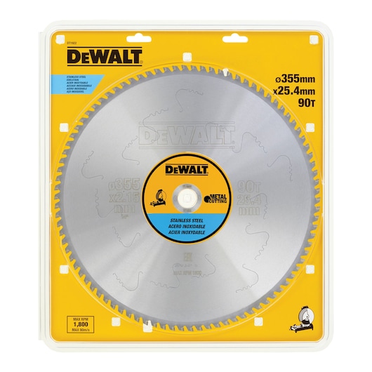 DEWALT DT1922 packaged circular saw blade for metal cutting, made of stainless steel. The blade is 355mm in diameter, has 90 teeth, and a 25.4mm arbor hole. The packaging is yellow and transparent, displaying technical specifications and brand details.