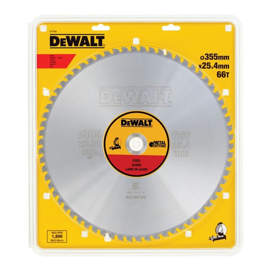 DEWALT DT1926 steel cutting saw blade, 355mm diameter, 66 teeth, in yellow packaging.