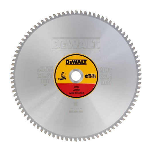 DEWALT DT1927 steel cutting circular saw blade, 355mm diameter, 90 teeth, for metal cutting.