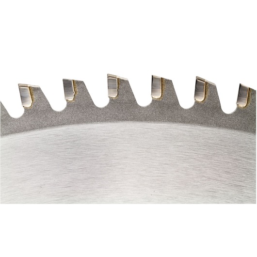 Close-up of the DEWALT DT1927 circular saw blade teeth on a white background.
