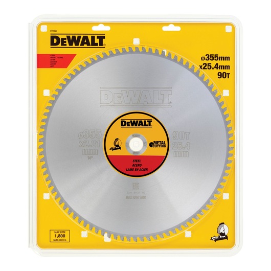 DEWALT DT1927 steel cutting saw blade, 355mm diameter, 90 teeth, in yellow and clear retail packaging.