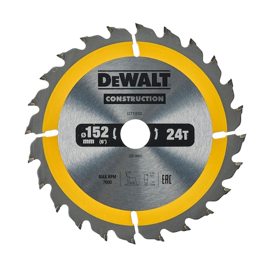 DEWALT DT1930 circular saw blade, 152 mm diameter, 24 teeth, silver with yellow rim, for construction.