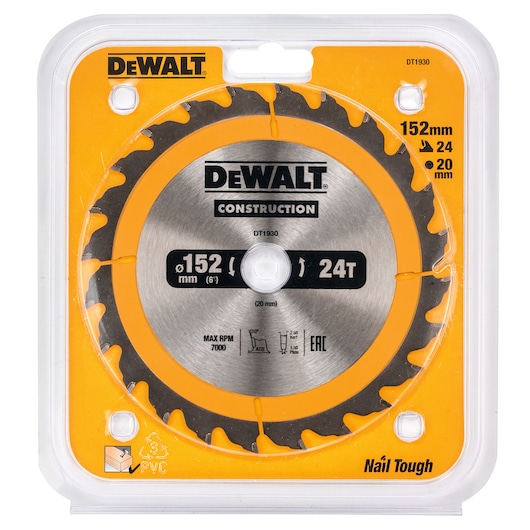 DEWALT DT1930 circular saw blade in packaging, 152mm diameter, 24 teeth, for construction use.