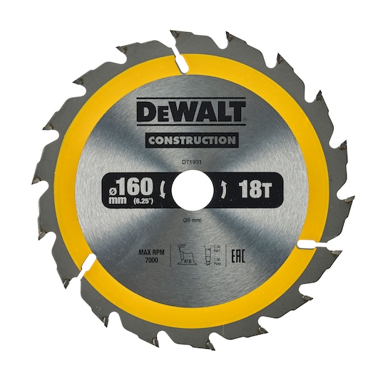 DEWALT DT1931 circular saw blade for construction, 160 mm diameter, 18 teeth, silver with a yellow rim.