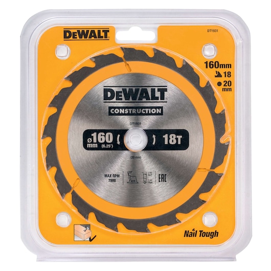 DEWALT DT1931 160mm 18T circular saw blade for construction, packaged in clear plastic case.