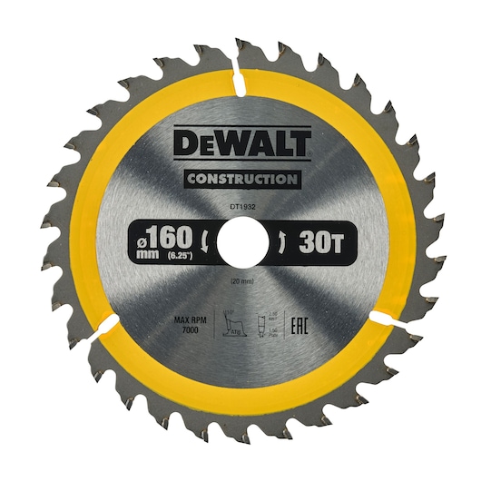 DEWALT DT1932 160mm circular saw blade for construction, silver with yellow trim and 30 teeth.