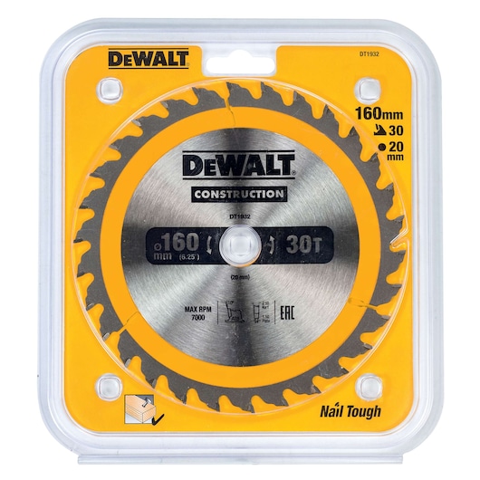 DEWALT DT1932 160mm circular saw blade in yellow packaging, construction series, for woodcutting.