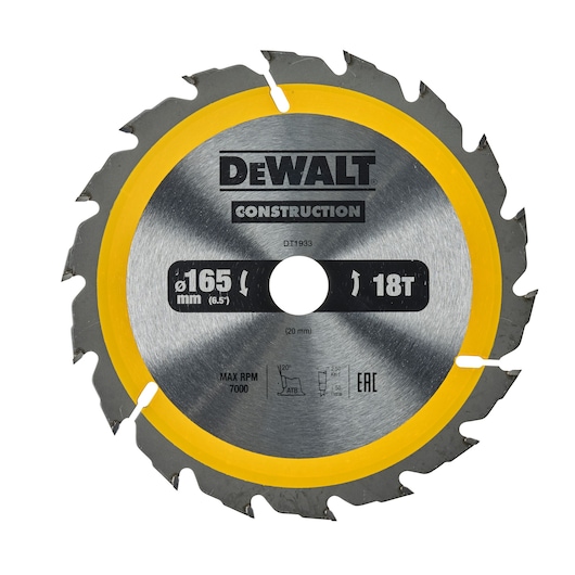 DEWALT DT1933 construction circular saw blade, 165mm diameter, 18 teeth, silver with yellow edge.