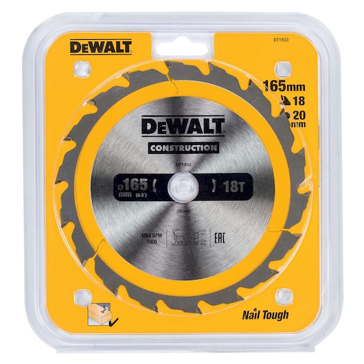 DEWALT DT1933 165mm construction circular saw blade in yellow packaging, labeled 18T and Nail Tough.