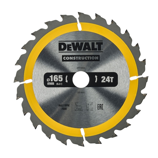 DEWALT DT1934 construction circular saw blade, 165mm diameter, 24 teeth, silver with yellow rim.