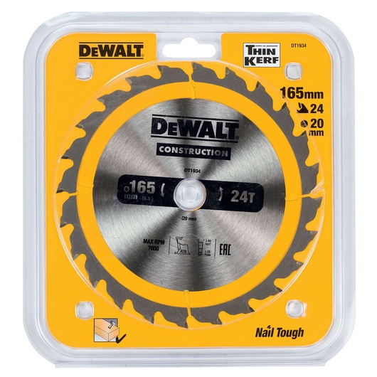 DEWALT DT1934 circular saw blade for wood, 165mm diameter, 24 teeth, in yellow and clear packaging.
