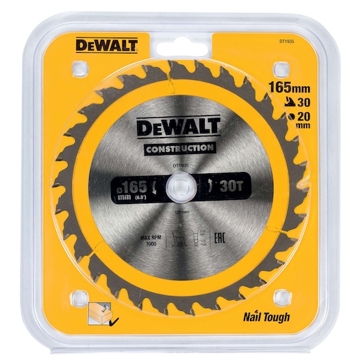 DEWALT DT1935 165mm 30T circular saw blade in clear yellow packaging for construction.