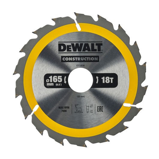 DEWALT DT1936 circular saw blade, 165 mm diameter, 18 teeth, silver and yellow, for construction use.