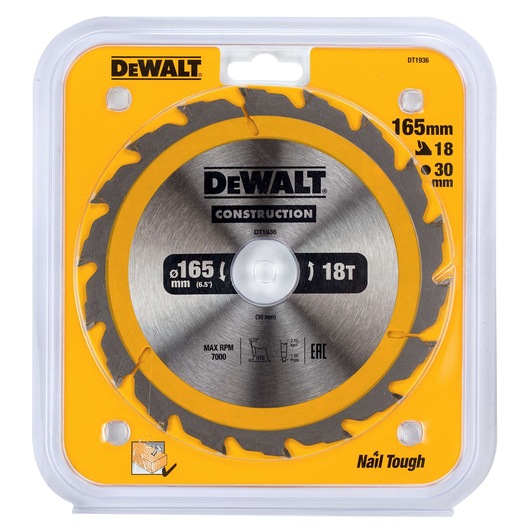 DEWALT DT1936 construction saw blade, 165mm diameter, 18 teeth, in yellow and clear packaging.