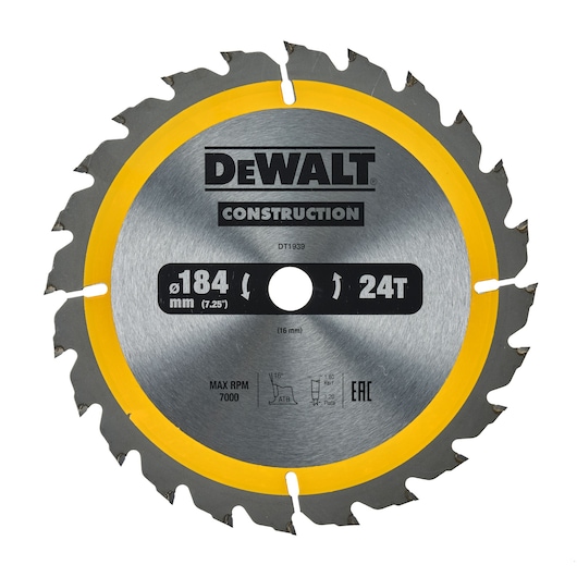 A DEWALT construction circular saw blade, model DT1939, with a diameter of 184 mm (7.25 inches) and 24 teeth. The blade features a metal finish with a yellow rim and various technical specifications printed on its surface.