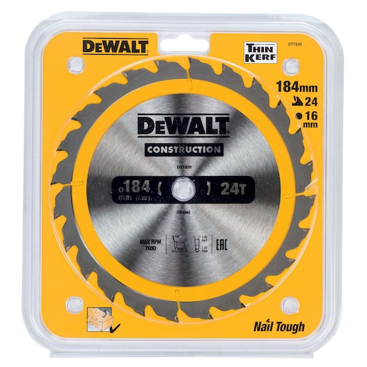 Packaged DEWALT construction circular saw blade, 184 mm diameter, 24 teeth, labeled DT1939, with yellow and metal design for tough nails.