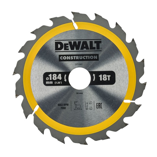 Circular saw blade from DEWALT, model DT1941, designed for construction use. The blade has a diameter of 184 mm (7.25 inches), 18 teeth, and a maximum rotation speed of 7000 RPM. The blade features a silver finish with a yellow rim.