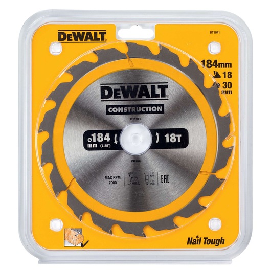 Packaged DEWALT DT1941 circular saw blade for construction, featuring 18 teeth and a diameter of 184 mm. The packaging is yellow and clear plastic, with specifications and branding printed on the front.