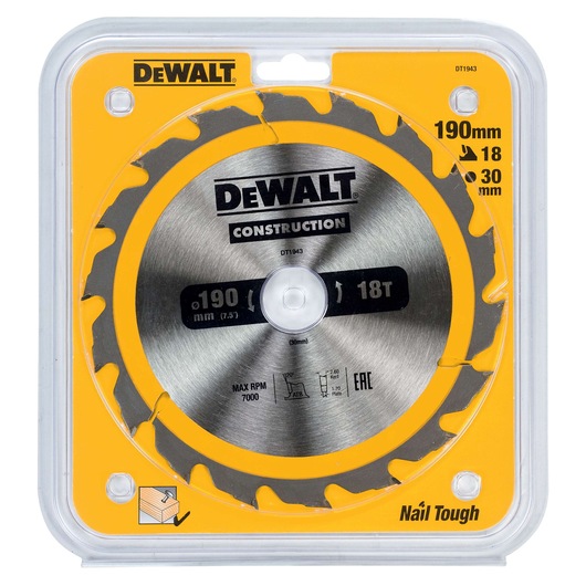 DEWALT DT1943 circular saw blade, 190mm, 18 teeth, in yellow packaging for wood cutting.