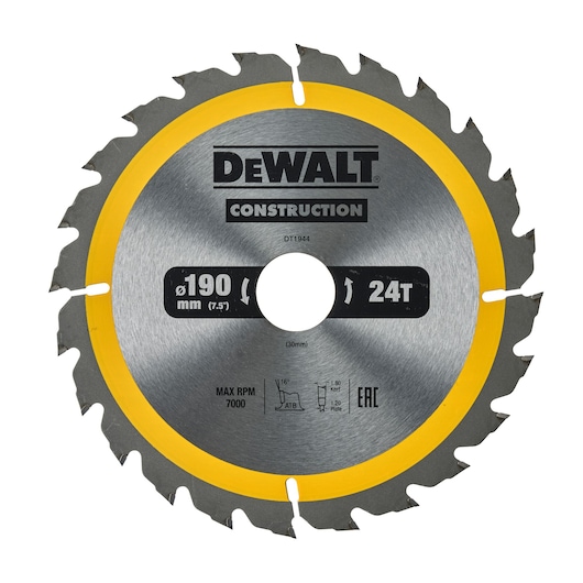 A circular saw blade with yellow and gray coloring, partially obscured by a gray square overlay in the center.