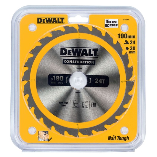 DEWALT DT1944 circular saw blade for construction, 190 mm diameter, 24 teeth, 30 mm bore, suitable for wood with nails, in yellow and silver packaging.